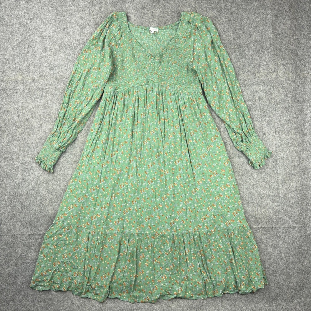 Baltic Born Dress Womens XL Green Floral Long Sleeve Smocked Midi Boho Rayon